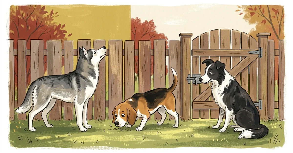 A whimsical gouache illustration of three curious dogs examining a wooden backyard fence and gate latch.