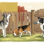 A whimsical gouache illustration of three curious dogs examining a wooden backyard fence and gate latch.