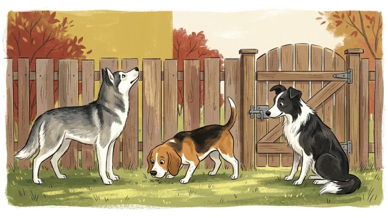 A whimsical gouache illustration of three curious dogs examining a wooden backyard fence and gate latch.