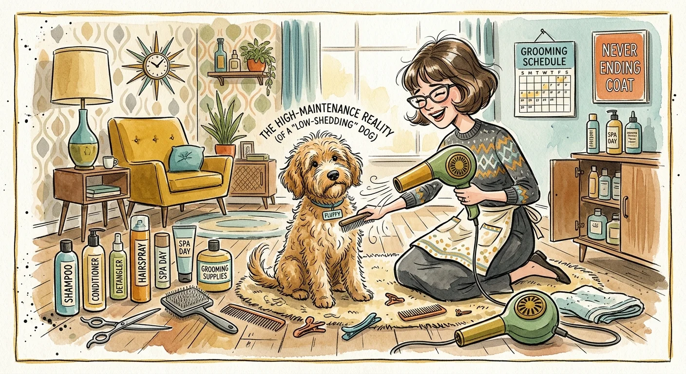 A whimsical illustration of a shaggy dog standing next to grooming shears, a blow dryer, and shampoo.