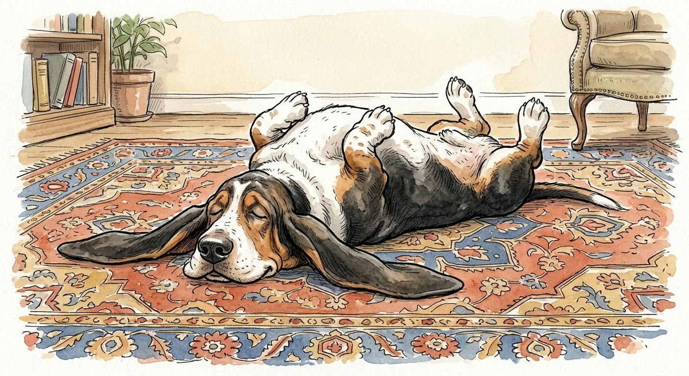 A whimsical watercolor illustration of a Basset Hound sleeping flat on its back on a colorful patterned rug.