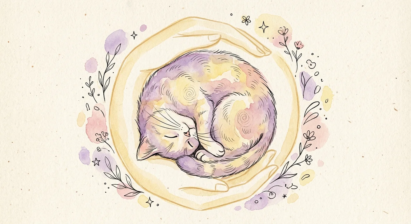 A whimsical watercolor illustration of a cat sleeping in a peaceful circle surrounded by a gentle, protective golden hand outline.