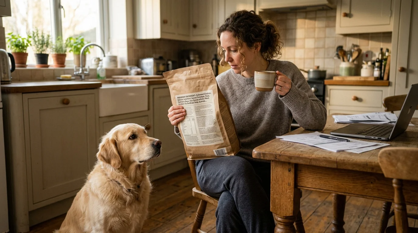 A woman at her kitchen table carefully reads a pet food ingredient list with her golden retriever sitting nearby.