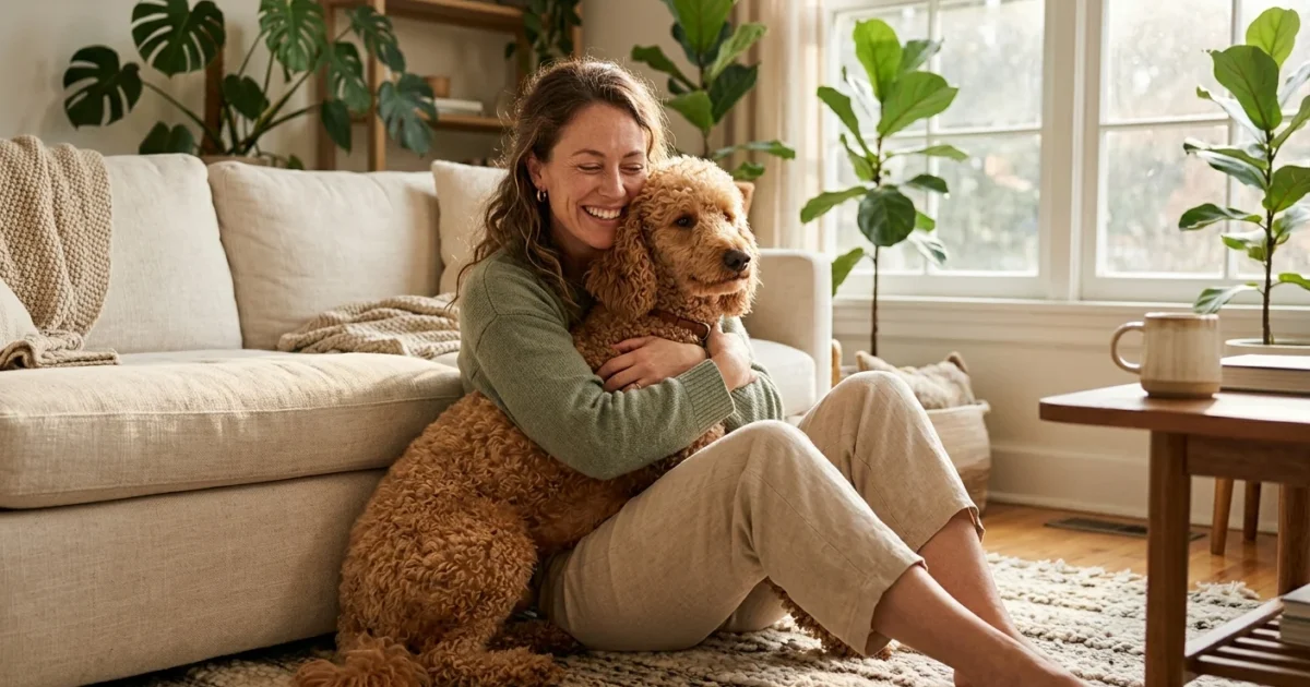 A woman joyfully hugging a curly-coated apricot Poodle in a sunlit living room, capturing a warm, allergy-free pet moment.