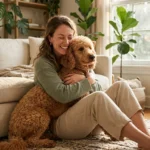 A woman joyfully hugging a curly-coated apricot Poodle in a sunlit living room, capturing a warm, allergy-free pet moment.