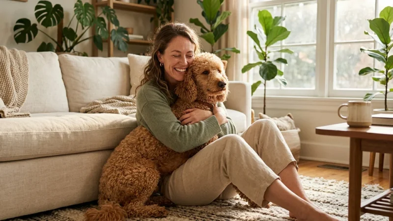 A woman joyfully hugging a curly-coated apricot Poodle in a sunlit living room, capturing a warm, allergy-free pet moment.
