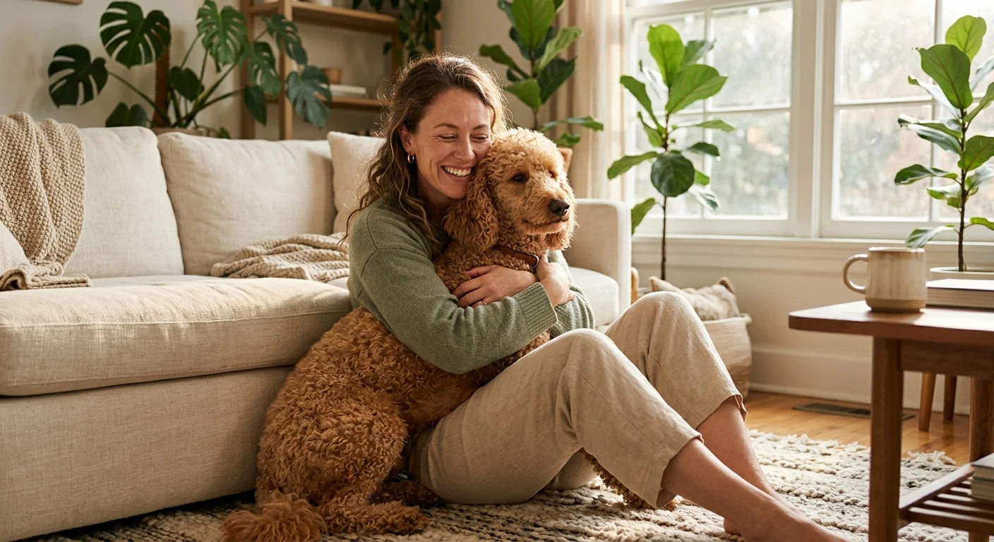 A woman joyfully hugging a curly-coated apricot Poodle in a sunlit living room, capturing a warm, allergy-free pet moment.