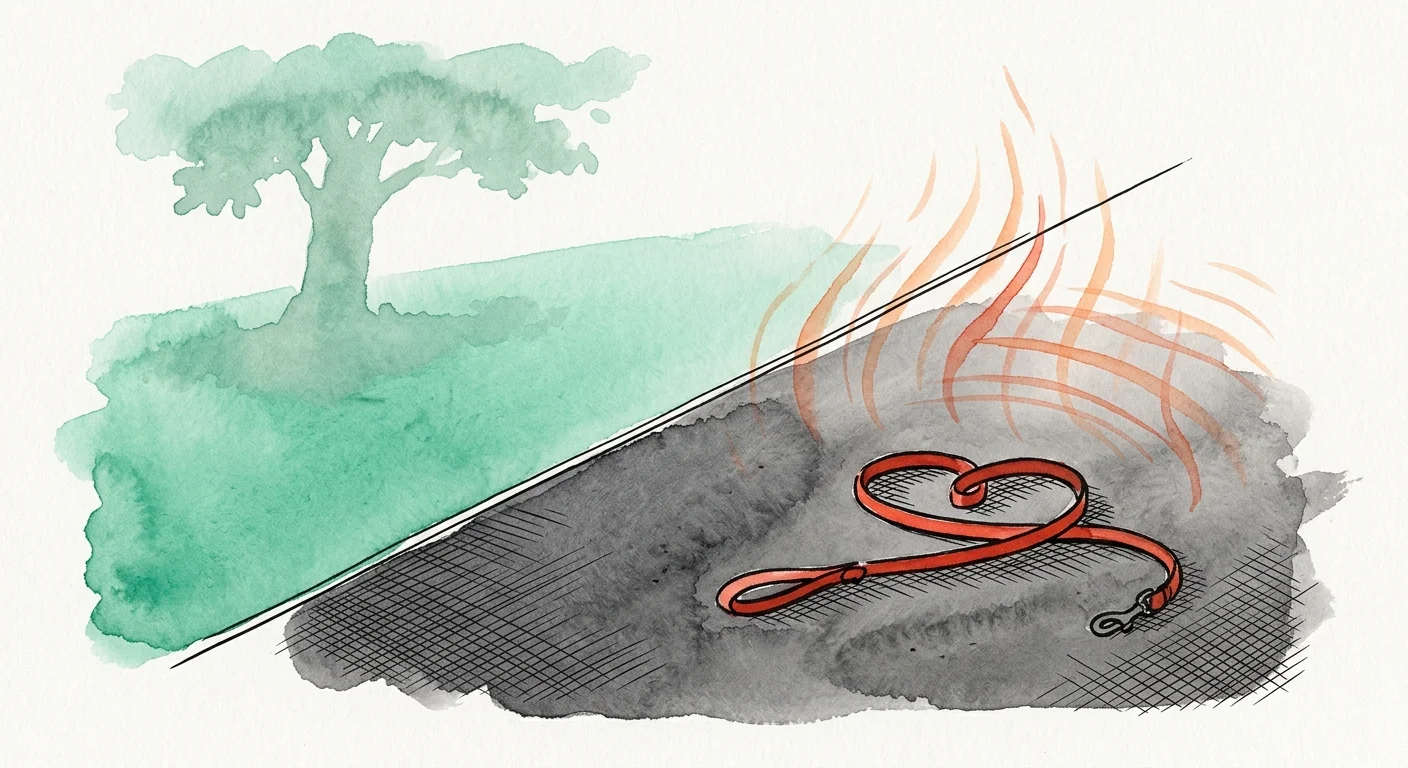 An abstract watercolor illustration showing a red leash on hot, radiating gray asphalt next to a cool green grassy park.