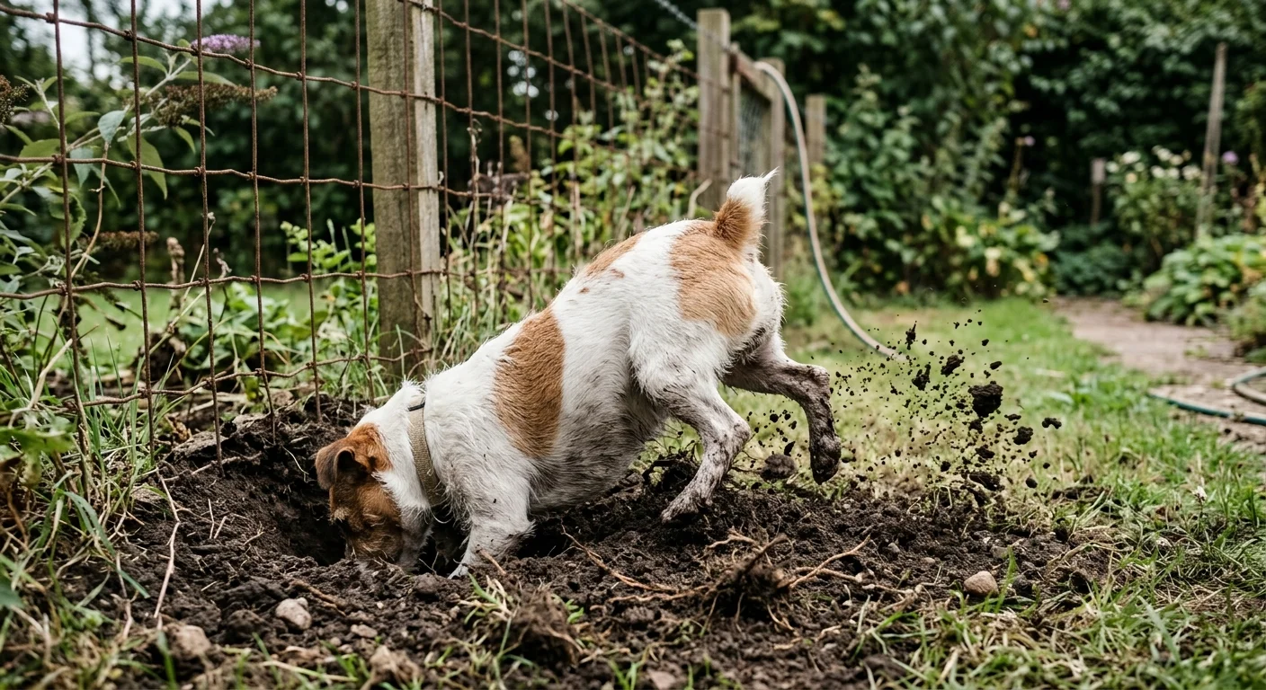 An action photo of a Jack Russell Terrier digging a hole in the dirt next to a metal fence in a garden.