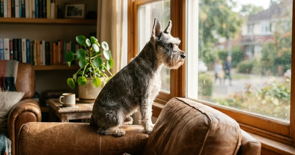 An alert Miniature Schnauzer sits on a leather armchair by a window, looking outside with perked ears in a warm, sunny living room.