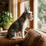 An alert Miniature Schnauzer sits on a leather armchair by a window, looking outside with perked ears in a warm, sunny living room.