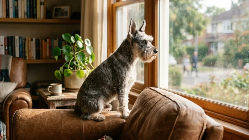 An alert Miniature Schnauzer sits on a leather armchair by a window, looking outside with perked ears in a warm, sunny living room.