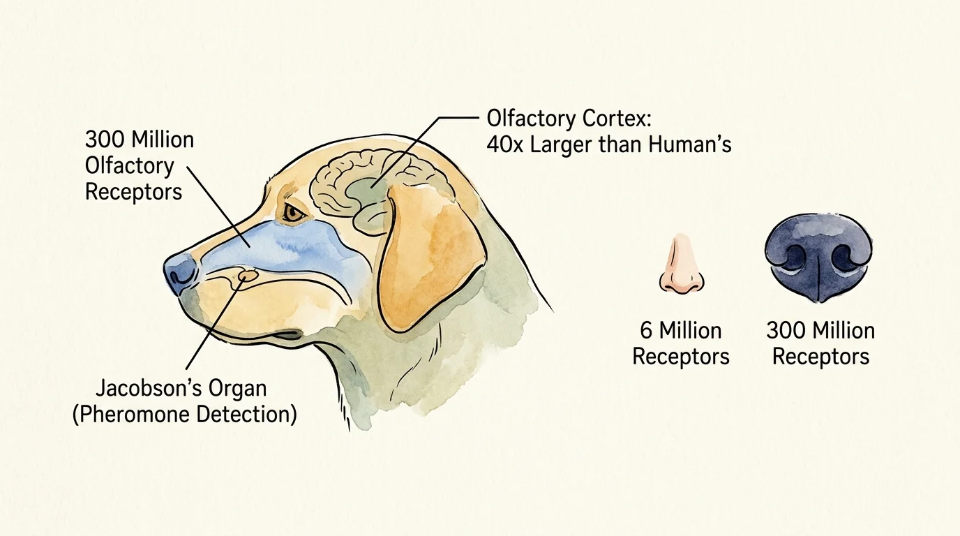 An anatomical diagram comparing a dog's 300 million olfactory receptors to a human's 6 million receptors.