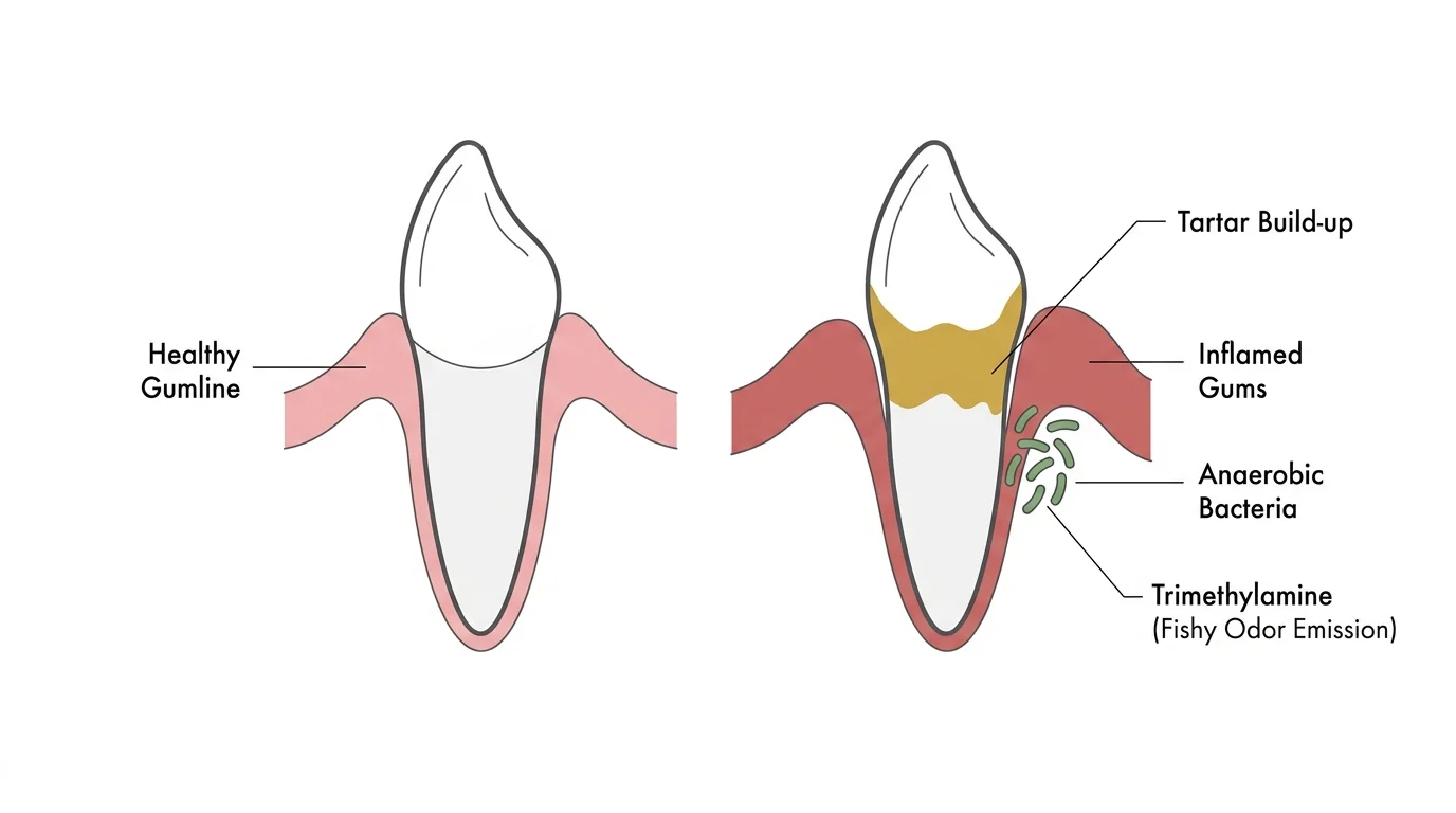 An anatomical diagram comparing a healthy canine tooth to one with tartar, inflamed gums, and anaerobic bacteria emitting trimethylamine.