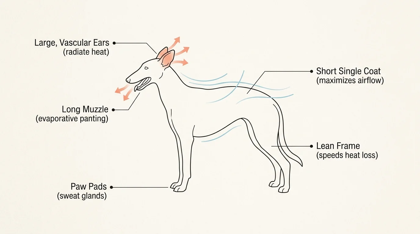 An anatomical diagram illustrating a dog's natural cooling mechanisms, including large ears, a long muzzle, and a thin single coat.