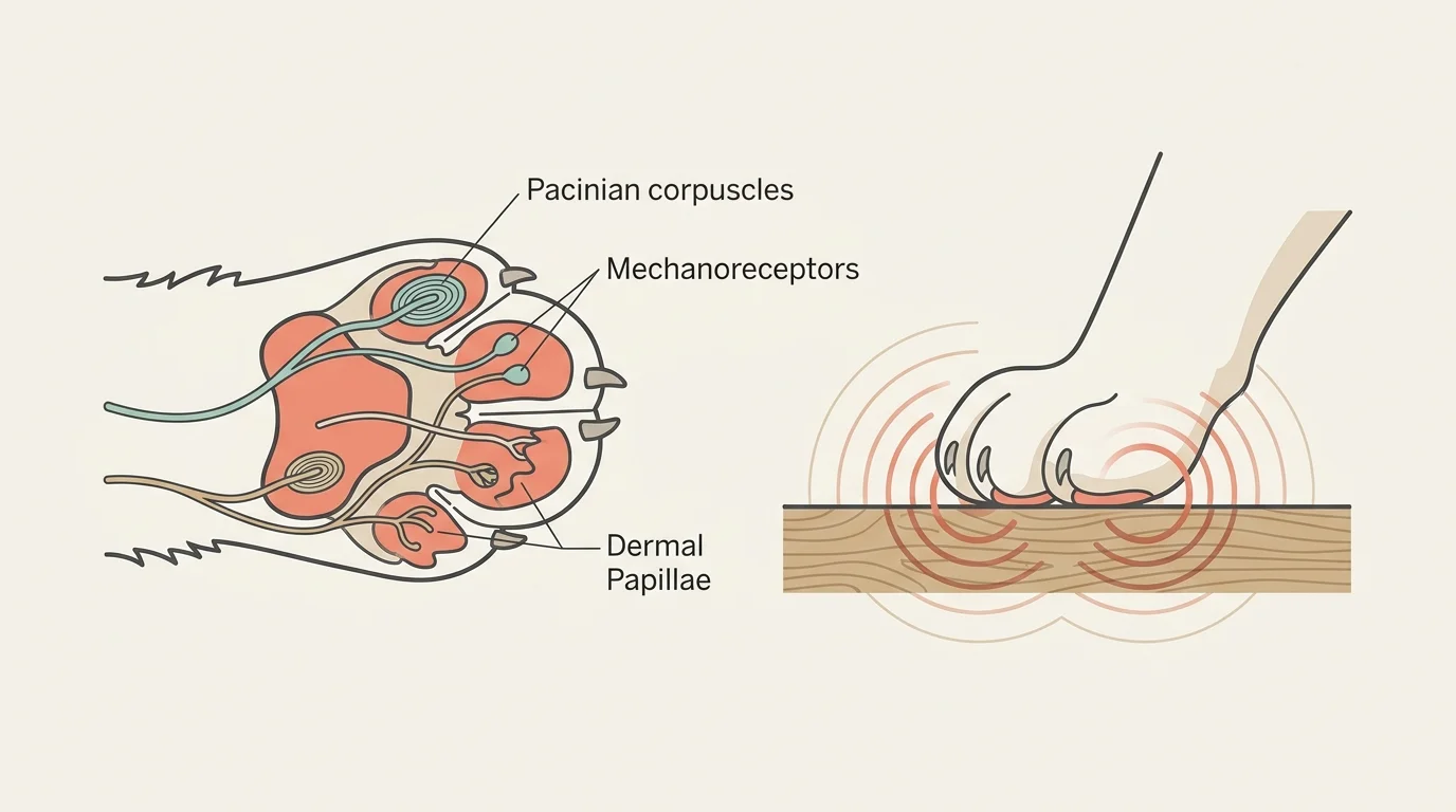 An anatomical diagram showing a cross-section of a cat's paw pad, highlighting the Pacinian corpuscles and nerve receptors.