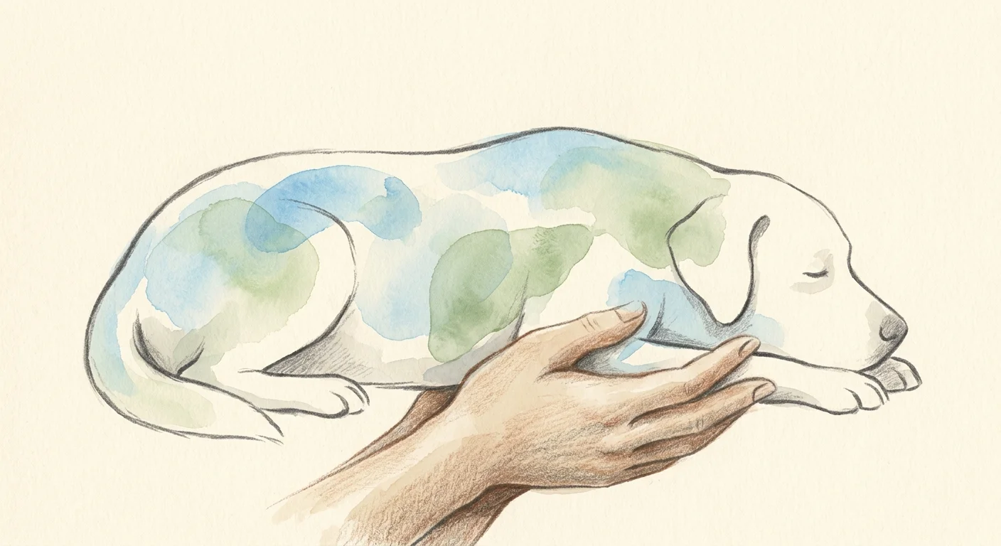 An artistic illustration of a dog silhouette with soft watercolor highlights over the kidneys and liver, cradled by caring hands.