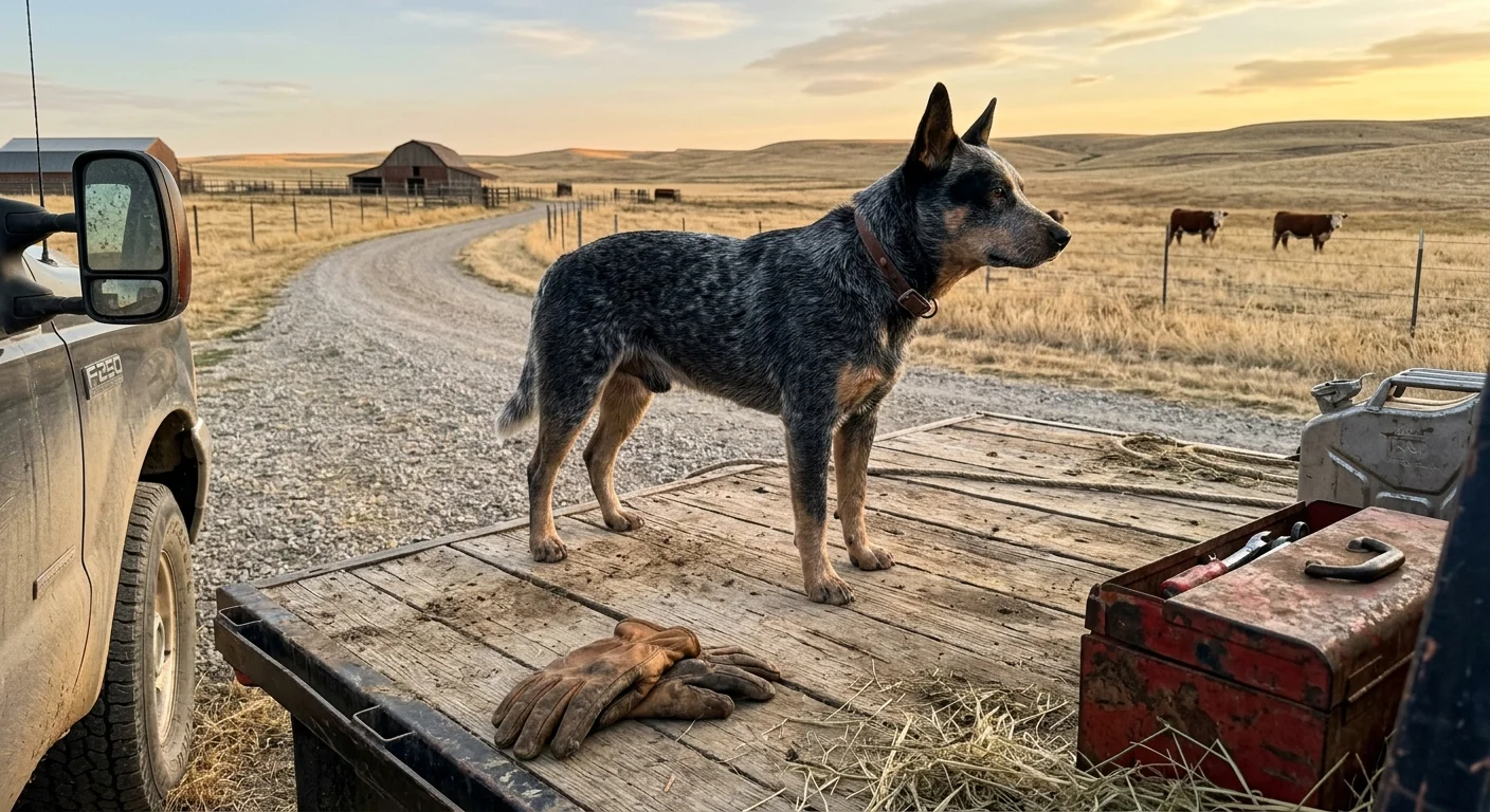 An Australian Cattle Dog stands alert on the flatbed of a dusty wooden farm truck in late afternoon light.
