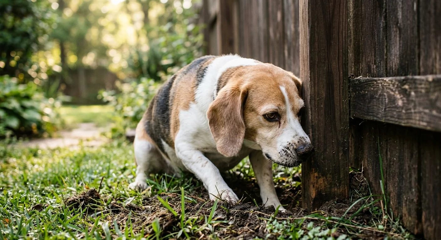 An authentic close-up photo of a Beagle sniffing intensely at the base of a wooden garden fence during golden hour.