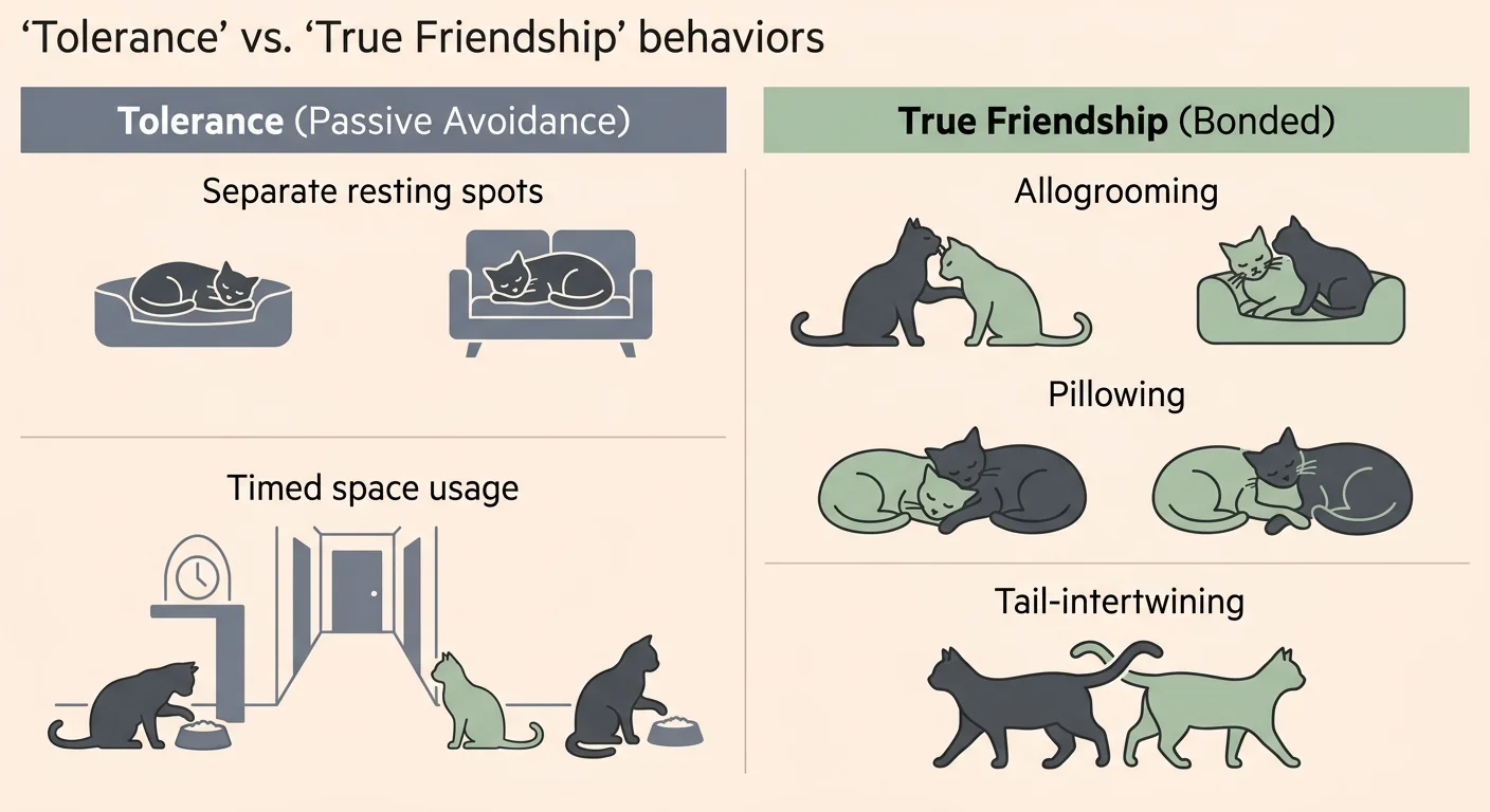 An editorial infographic grid comparing cat tolerance behaviors like separate resting spots with friendship behaviors like grooming.