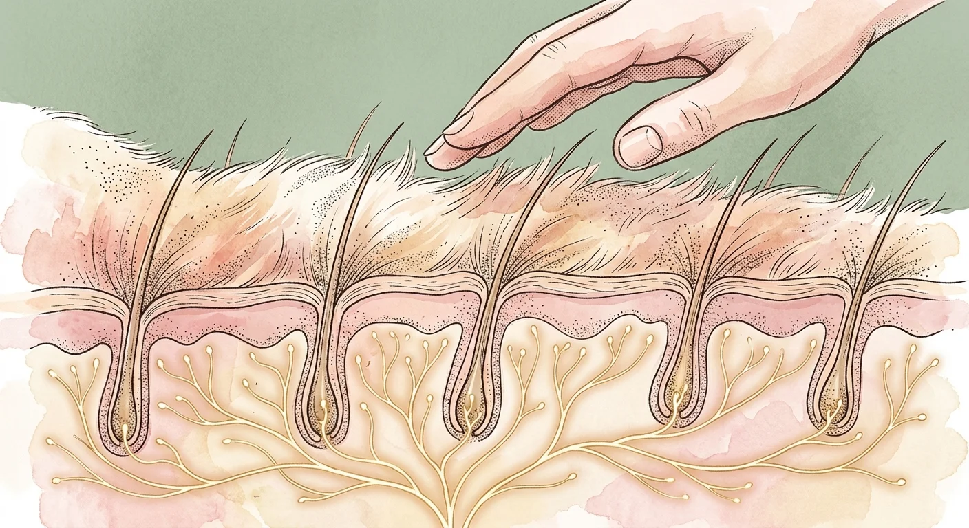 An editorial watercolor illustration showing a close-up of a cat's belly with golden pathways illustrating sensitive nerve endings.