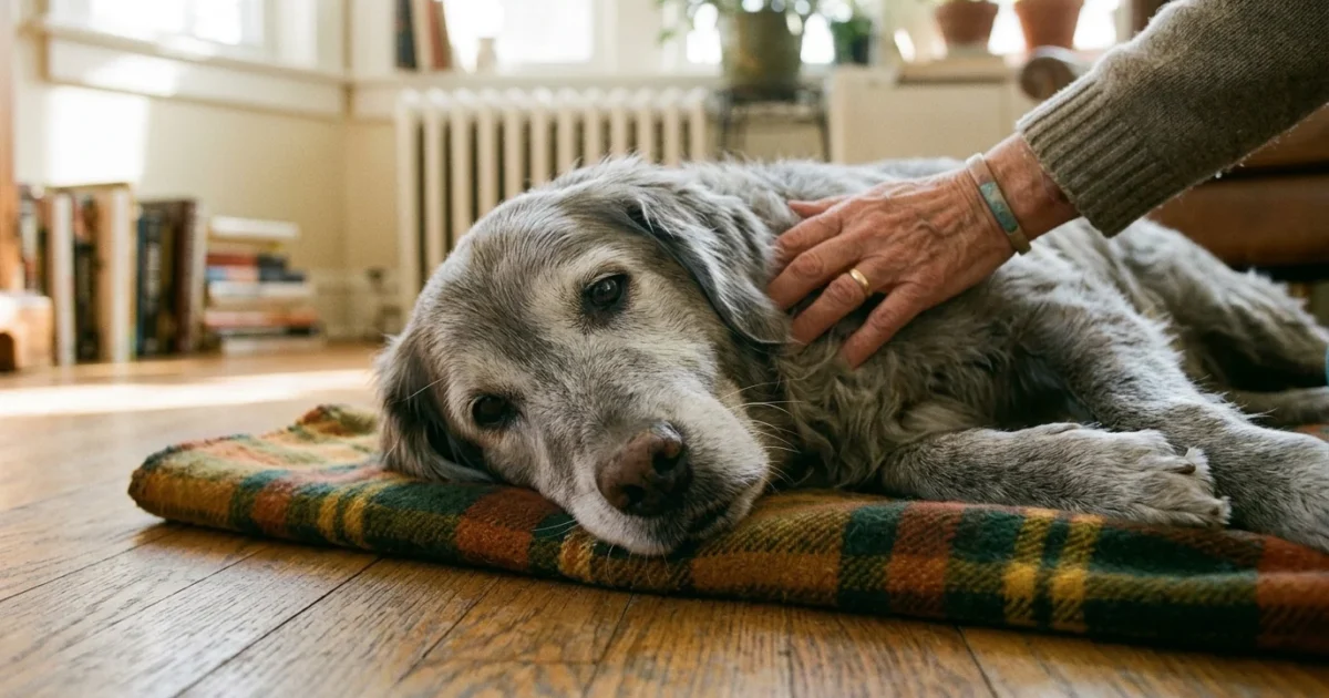 An elderly golden retriever rests its chin on a plaid blanket, with a gentle human hand on its back in a warm, sunlit room.