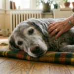 An elderly golden retriever rests its chin on a plaid blanket, with a gentle human hand on its back in a warm, sunlit room.