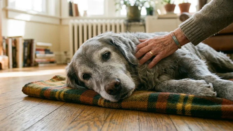 An elderly golden retriever rests its chin on a plaid blanket, with a gentle human hand on its back in a warm, sunlit room.