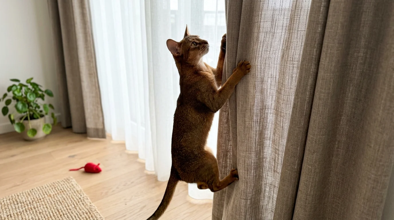 A brown cat climbs a tall beige curtain hanging next to a sheer white window drape in a bright room.