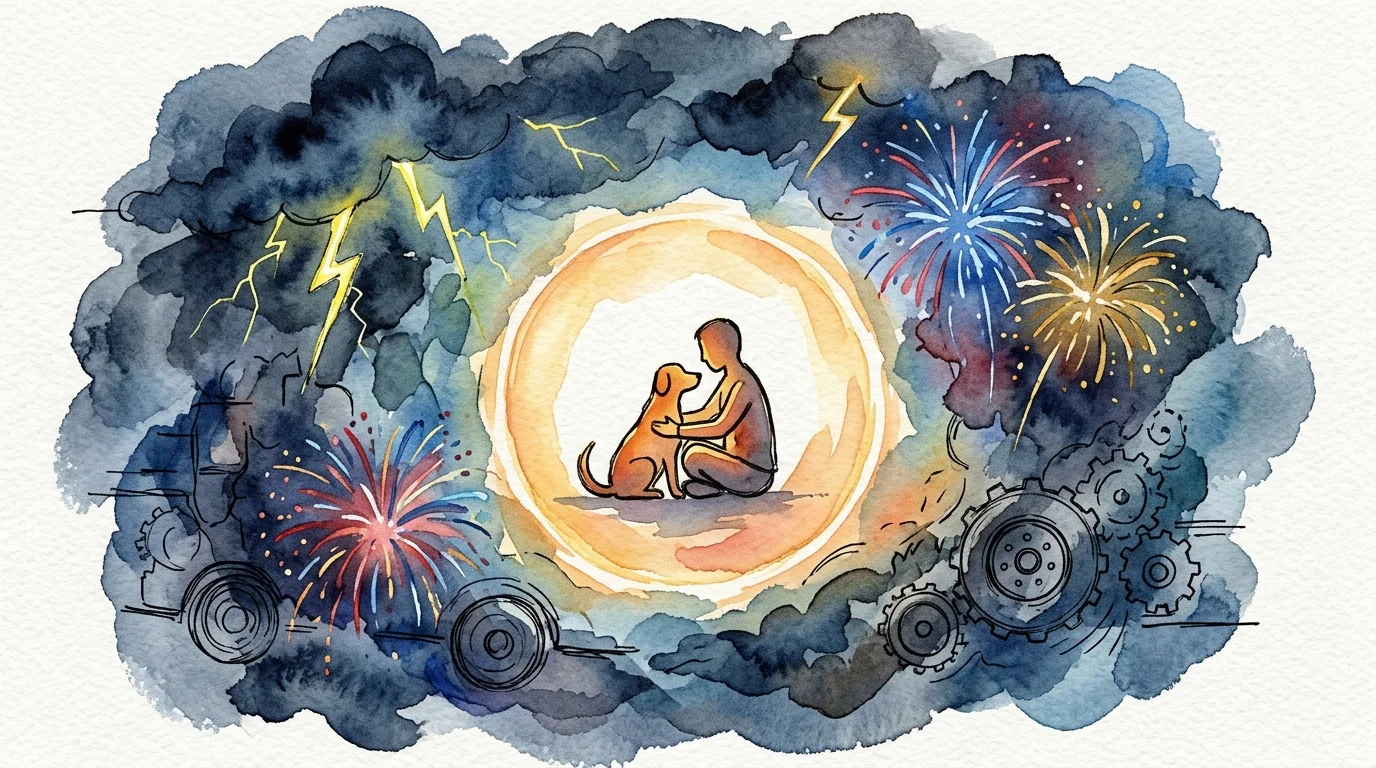 An evocative watercolor painting showing a dog and human safe inside a circle of light, surrounded by storm clouds and fireworks.
