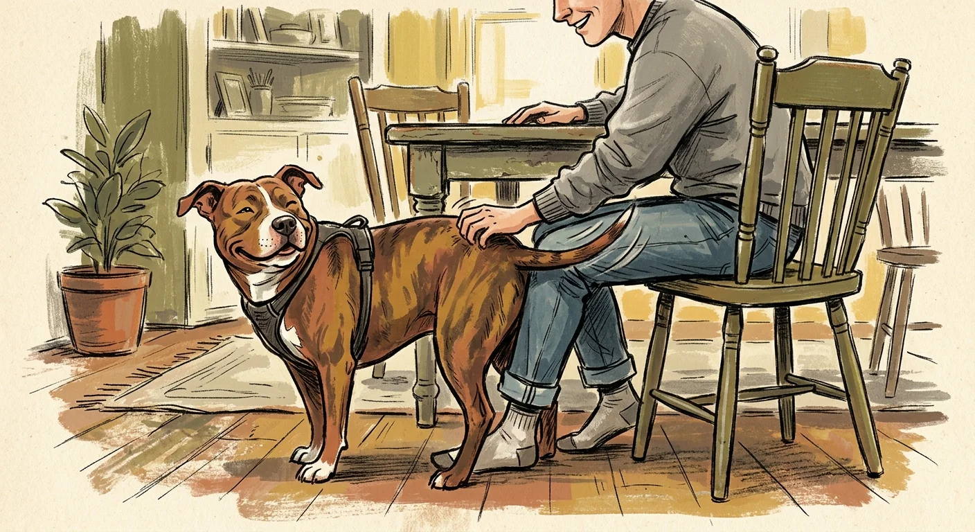 Illustration of a smiling brindle dog backing its rear into a seated man's legs for gentle scratches.