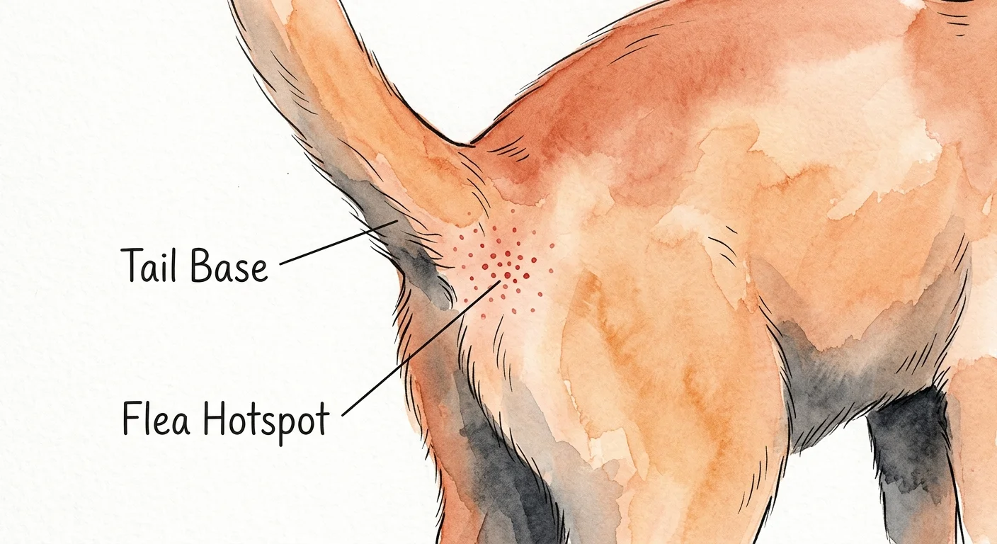 An illustrated diagram of a cat's lower back highlighting common flea bite hotspots with clean hand-lettered labels.