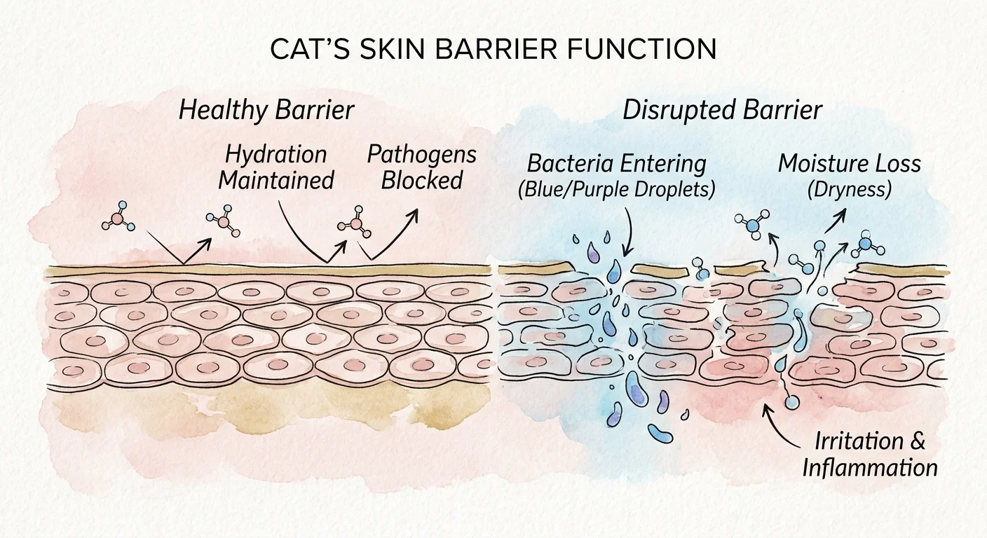An illustrated diagram showing the difference between a healthy skin barrier and a disrupted skin barrier vulnerable to bacteria.