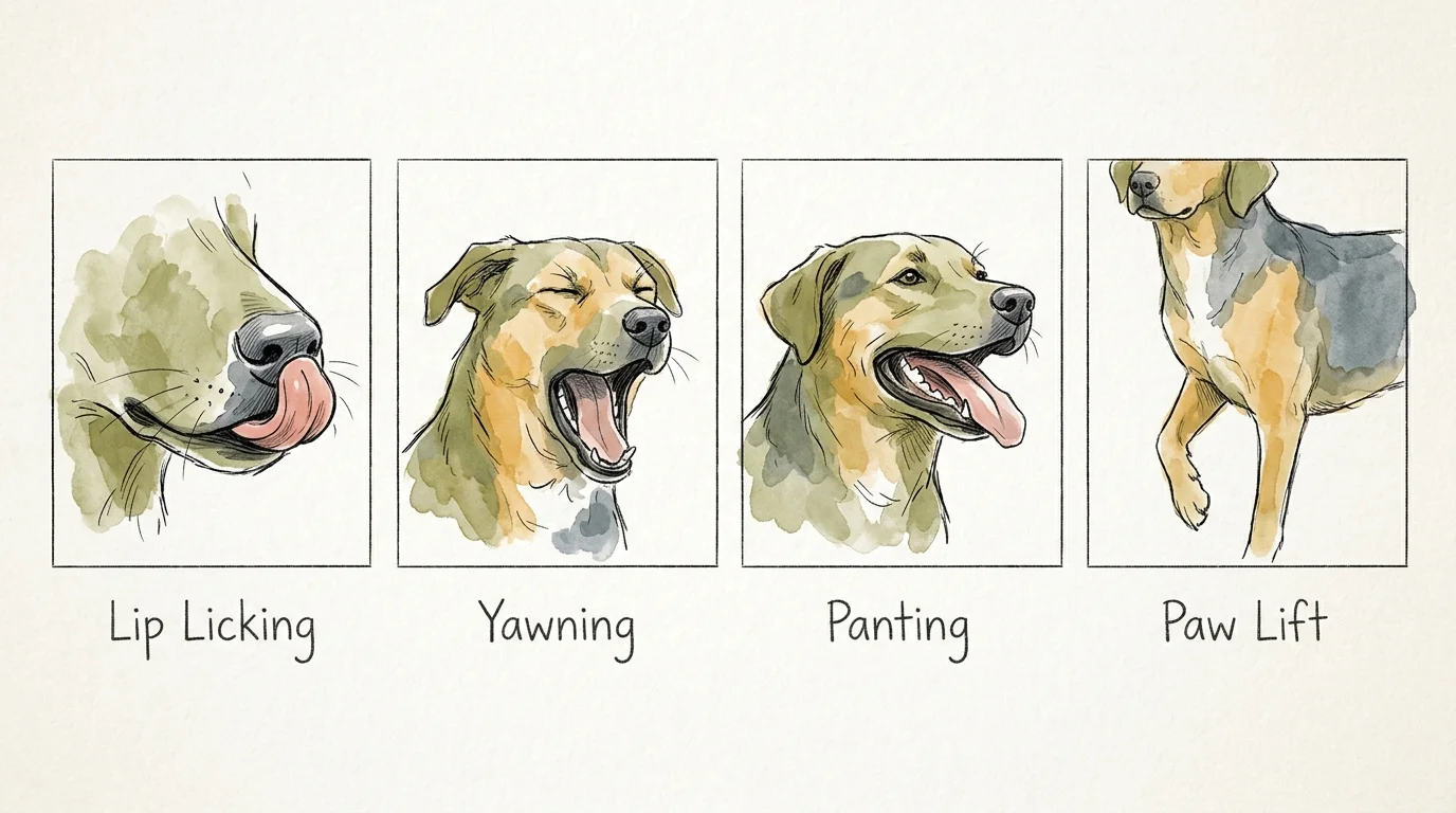 An illustrated guide showing four subtle signs of dog anxiety: lip licking, yawning, panting, and a raised paw.