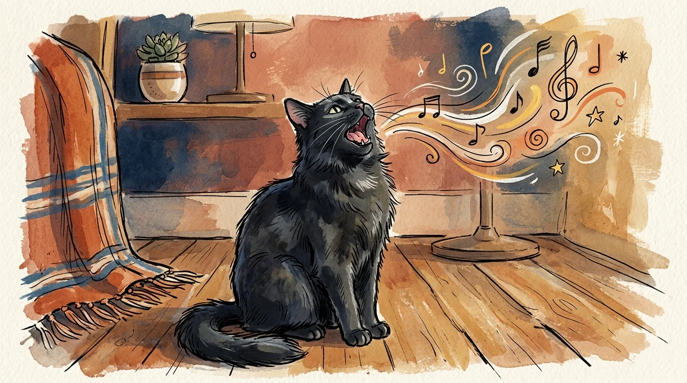 An illustration of a black cat meowing, with stylized sound waves rising into a warm terracotta background.