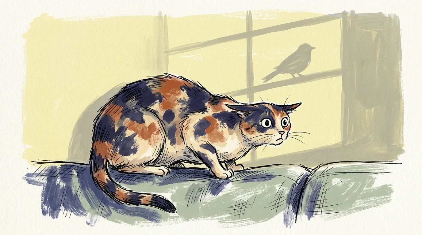 An illustration of a calico cat crouched on a sofa with flattened ears, looking tense and hypervigilant.
