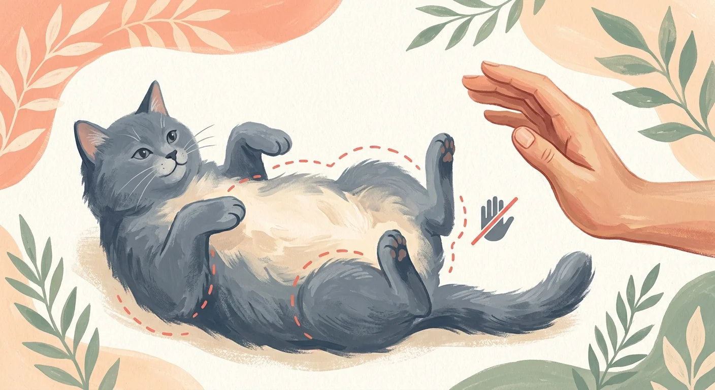 An illustration of a cat showing its belly with a hand pulled back, symbolizing the importance of respecting a cat's boundaries.
