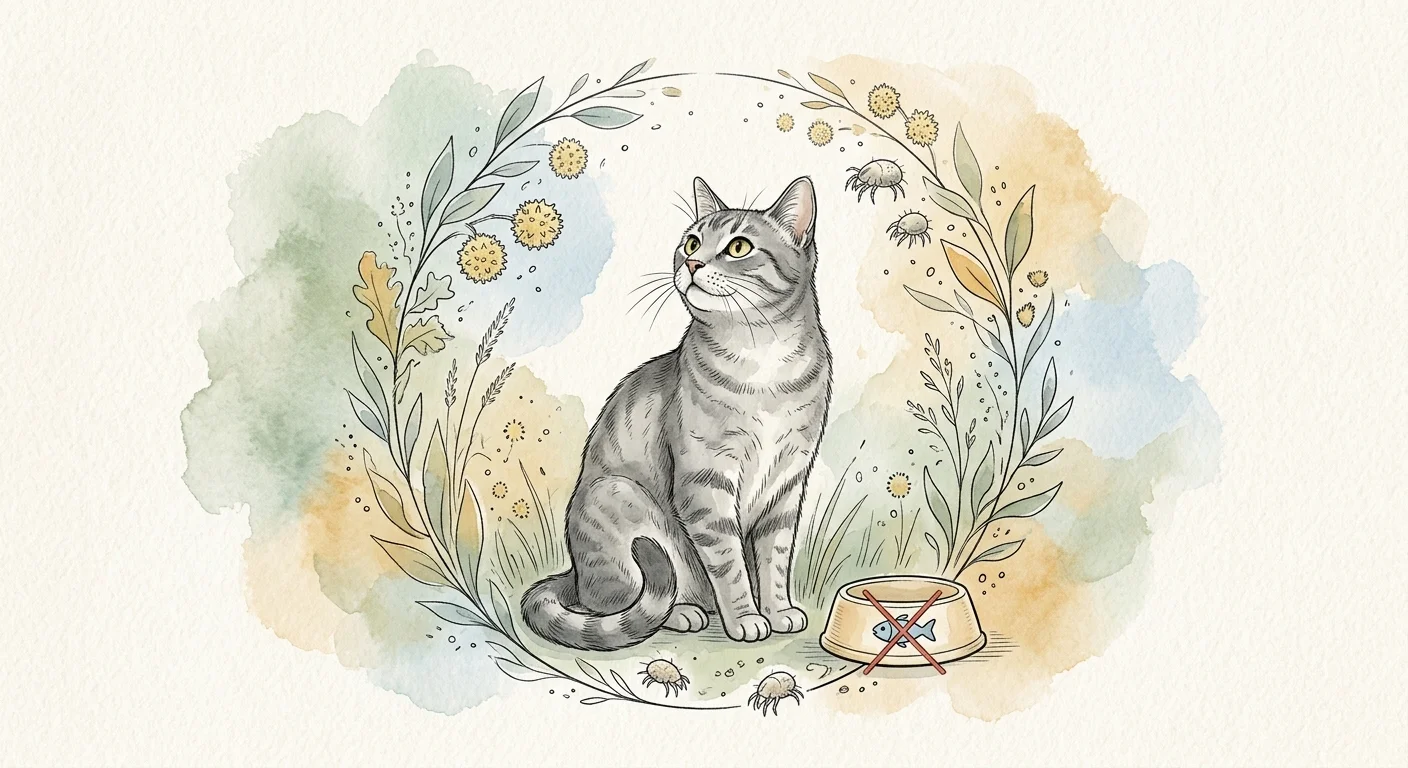 An illustration of a gray cat surrounded by a soft circle of allergens like pollen, dust mites, and a crossed-out fish food bowl.