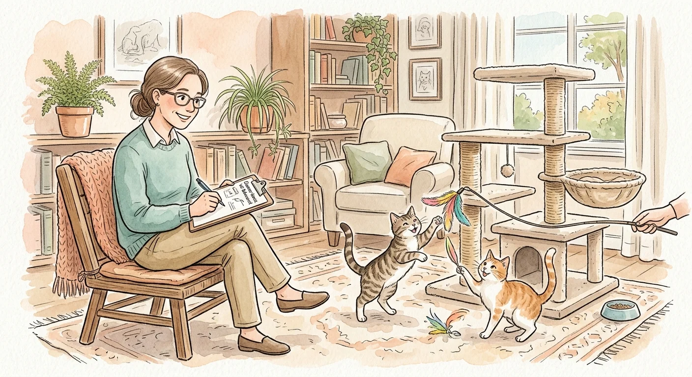 An illustration of a pet professional taking notes while observing two happy cats playing in a cozy home environment.