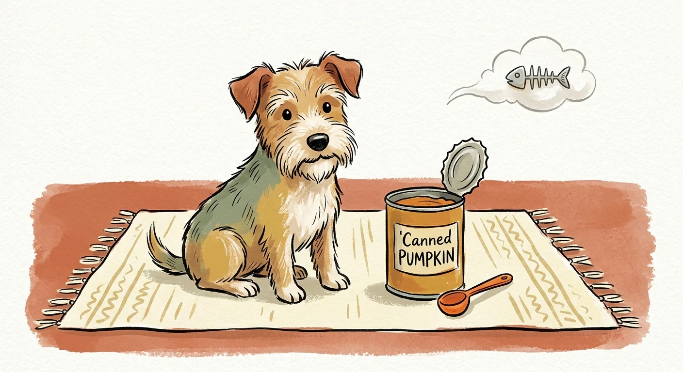 An illustration of a scruffy terrier next to a can of pumpkin, with a small, whimsical fish-cloud representing anal gland odors.