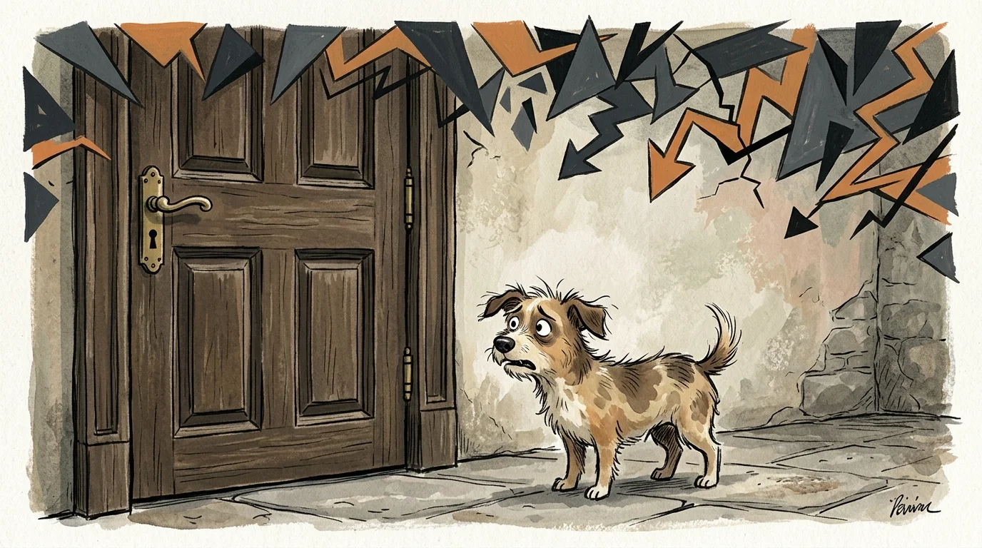 An illustration of a small dog standing near a closed door, surrounded by abstract, chaotic shapes.