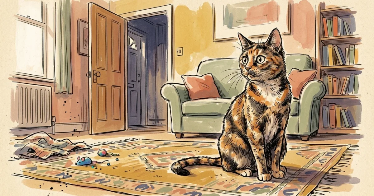 An illustration of an anxious tortoiseshell cat sitting on a rug in a cozy living room, looking wide-eyed.