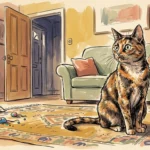 An illustration of an anxious tortoiseshell cat sitting on a rug in a cozy living room, looking wide-eyed.