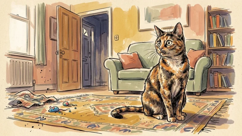 An illustration of an anxious tortoiseshell cat sitting on a rug in a cozy living room, looking wide-eyed.
