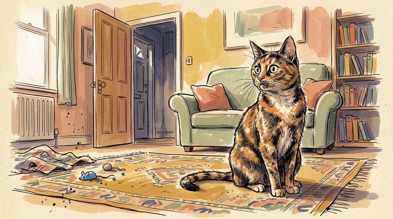 An illustration of an anxious tortoiseshell cat sitting on a rug in a cozy living room, looking wide-eyed.