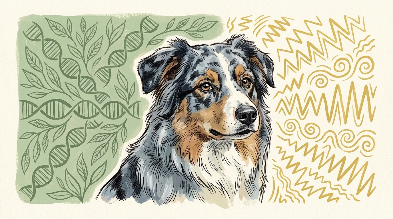 An illustration of an Australian Shepherd against a split background of organic patterns and sensory waves.