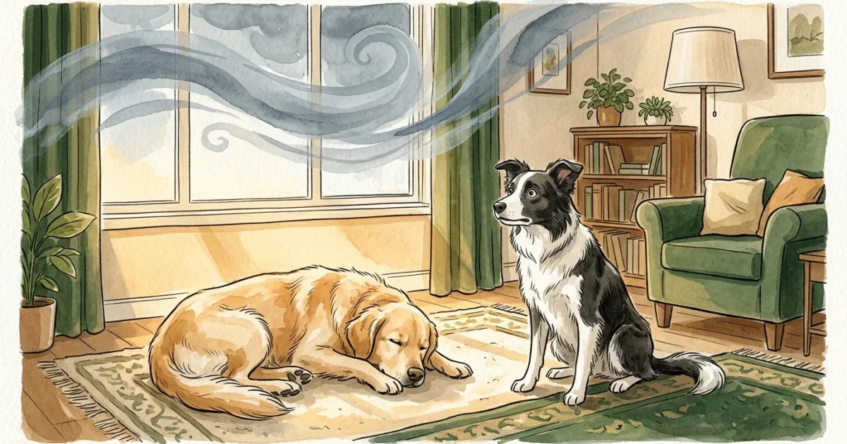 An illustration of two dogs reacting differently to a storm: one sleeps soundly while the other looks up alertly.