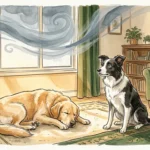 An illustration of two dogs reacting differently to a storm: one sleeps soundly while the other looks up alertly.