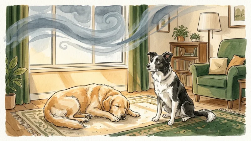An illustration of two dogs reacting differently to a storm: one sleeps soundly while the other looks up alertly.