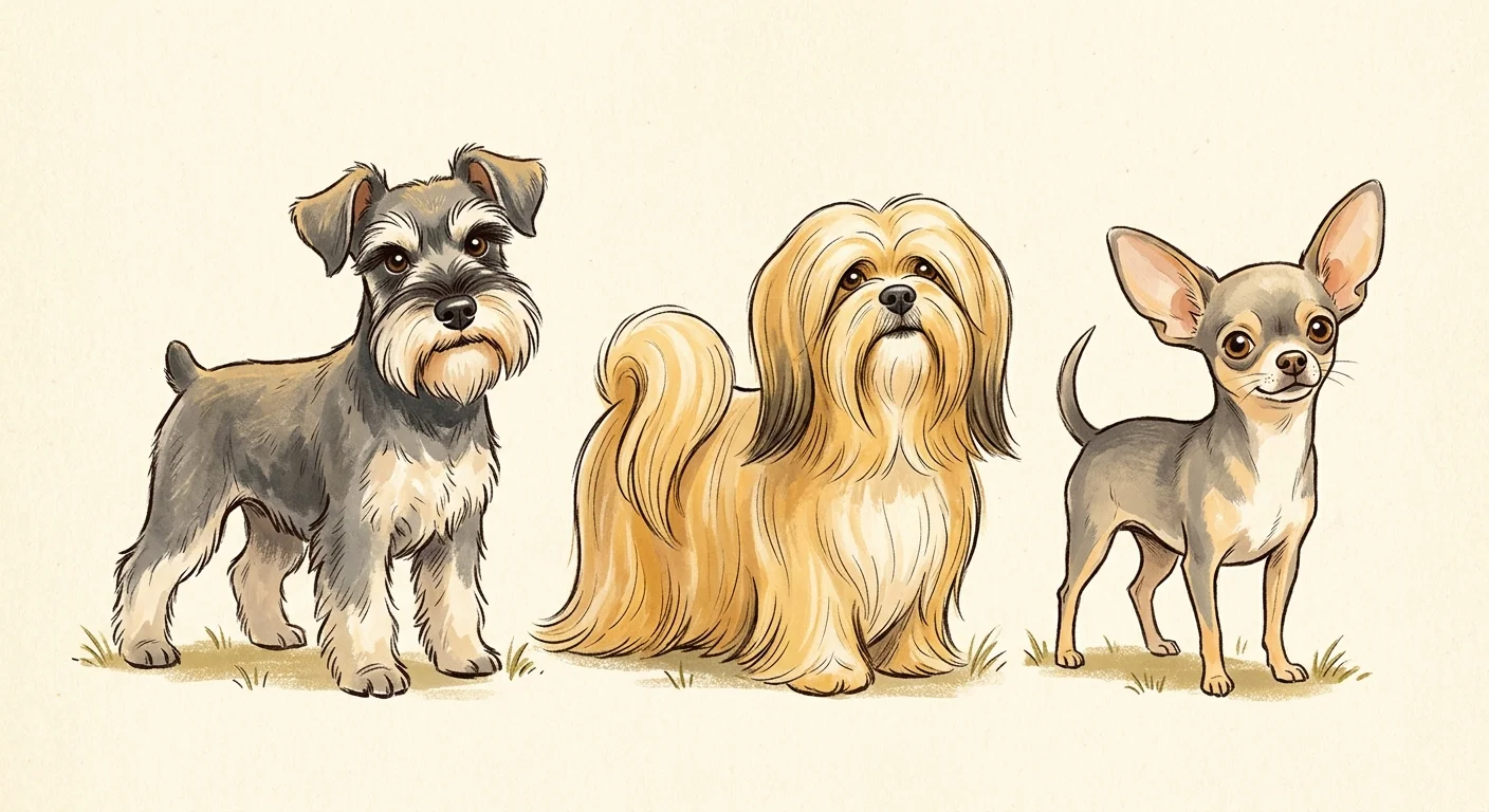 An illustration showing a Miniature Schnauzer, a Lhasa Apso, and a Chihuahua standing side by side with alert expressions.